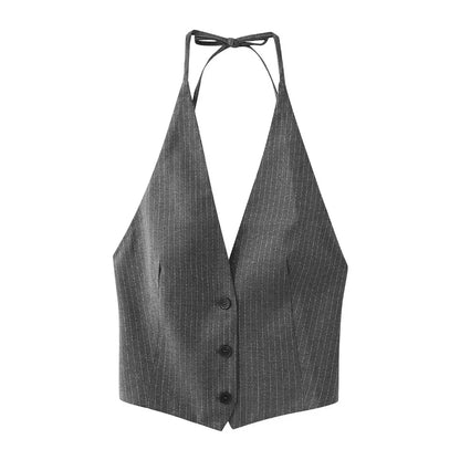 Women Fashion V Neck Single Breasted Striped Print Sleeveless Vest Female Backless Bow Tied Tops 4321 Leedoar