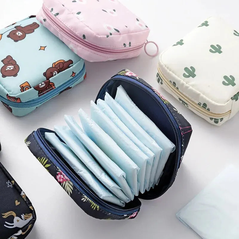 Women Sanitary Napkin Tampon Storage Bag Portable Waterproof Organizer Pouch Cartoon Pattern Sanitary Napkin Bag Leedoar