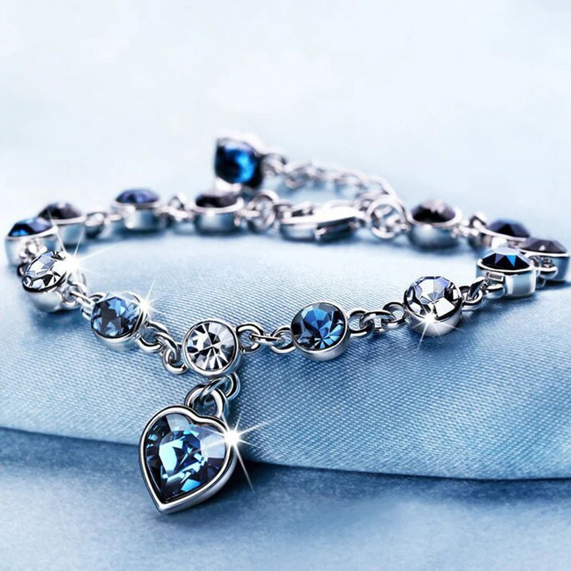 Pulsera de la suerte de color plateado para mujer, pulsera con dije de corazón de cristal azul para mujer, pulsera nupcial, compromiso, joyería fina, regalo 