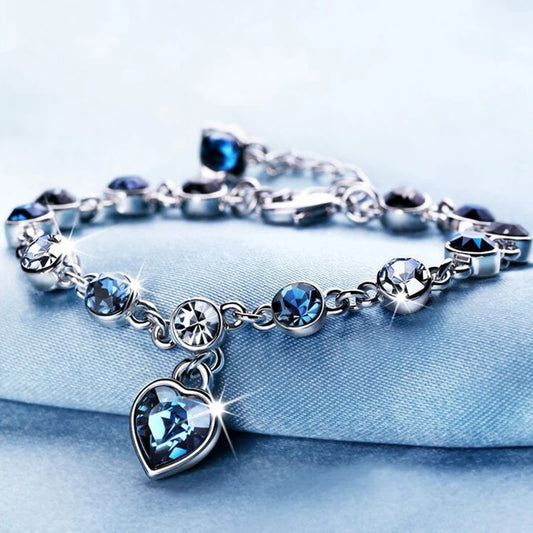 Pulseira feminina prateada da sorte, bracelete feminino com cristal azul, coração, pingente, pulseira, noiva, casamento, noivado, joias finas, presente 