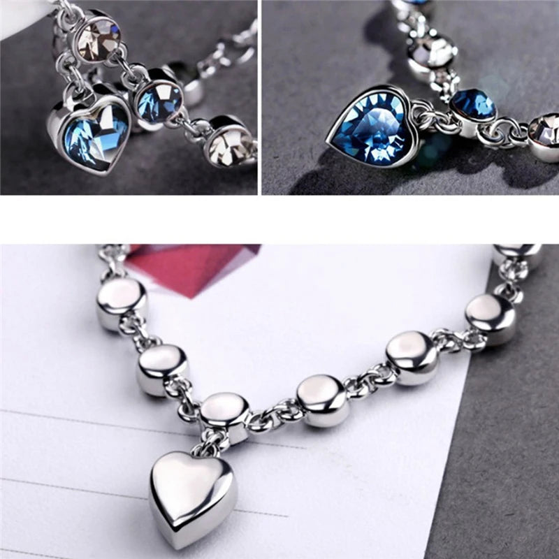 Pulsera de la suerte de color plateado para mujer, pulsera con dije de corazón de cristal azul para mujer, pulsera nupcial, compromiso, joyería fina, regalo 