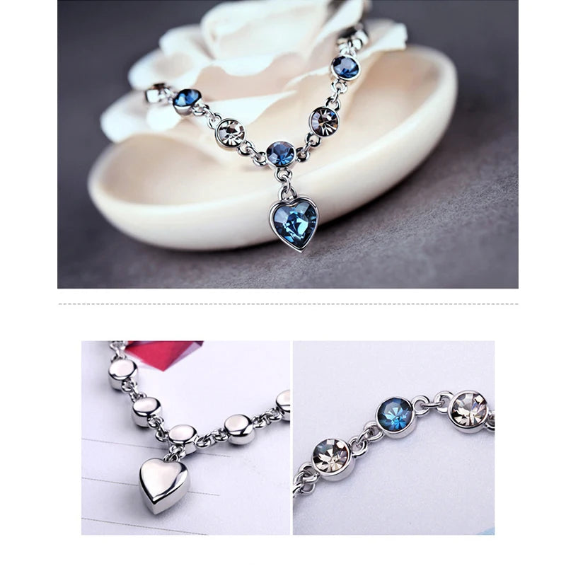 Pulsera de la suerte de color plateado para mujer, pulsera con dije de corazón de cristal azul para mujer, pulsera nupcial, compromiso, joyería fina, regalo 