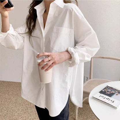 Camisa blanca de algodón para mujer, primavera otoño 2024, blusas vintage para mujer, blusas casuales de manga larga con cuello vuelto, blusas sueltas para mujer 11456 