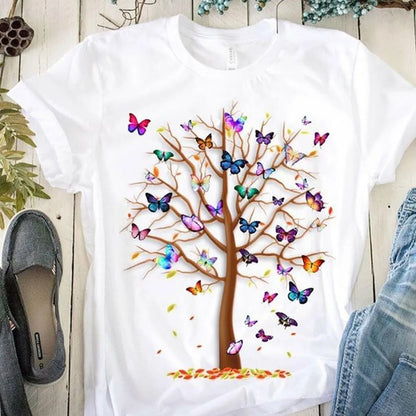 Women's Butterfly Tree Print Harajuku T-Shirt, Round Neck Top, Short Sleeve, Casual Summer Tee Shirt,Drop Ship Leedoar