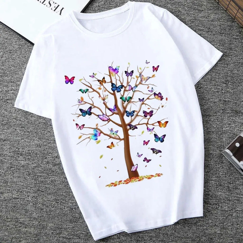 Women's Butterfly Tree Print Harajuku T-Shirt, Round Neck Top, Short Sleeve, Casual Summer Tee Shirt,Drop Ship Leedoar