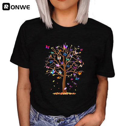 Women's Butterfly Tree Print Harajuku T-Shirt, Round Neck Top, Short Sleeve, Casual Summer Tee Shirt,Drop Ship Leedoar