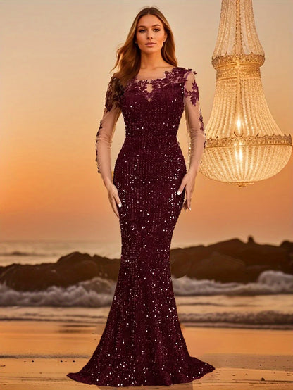 Women's Elegant Lace Sequined Evening Dress Hollow Out Long Prom Party Gown