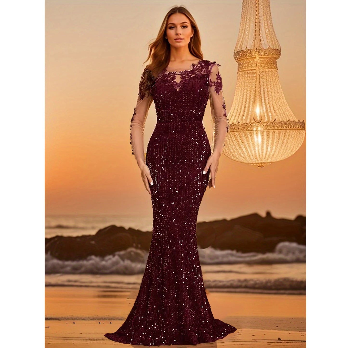 Women's Elegant Lace Sequined Evening Dress Hollow Out Long Prom Party Gown