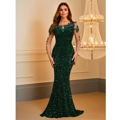 Women's Elegant Lace Sequined Evening Dress Hollow Out Long Prom Party Gown