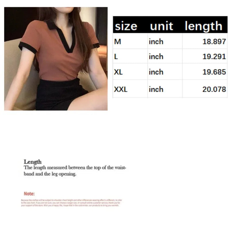 Women's Short Sleeved T-shirt Summer Color Scheme Slim Fit Short V-neck Sexy Spicy Girl Fashion Casual Short Top Leedoar
