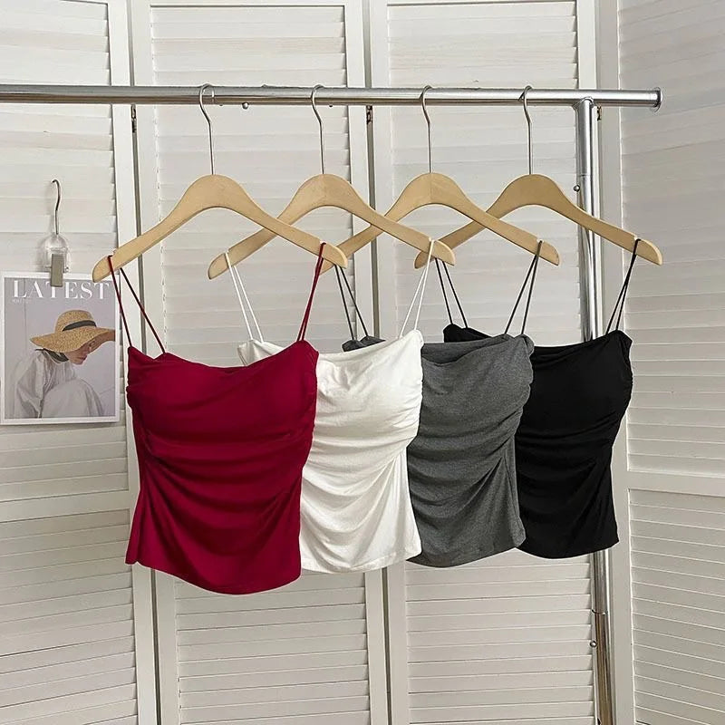 Women's Sleeveless Top Tank Underwear Fitted Camisole Sexy Short Top With Thin Straps Plain White Tank Top Korean Underwear Leedoar