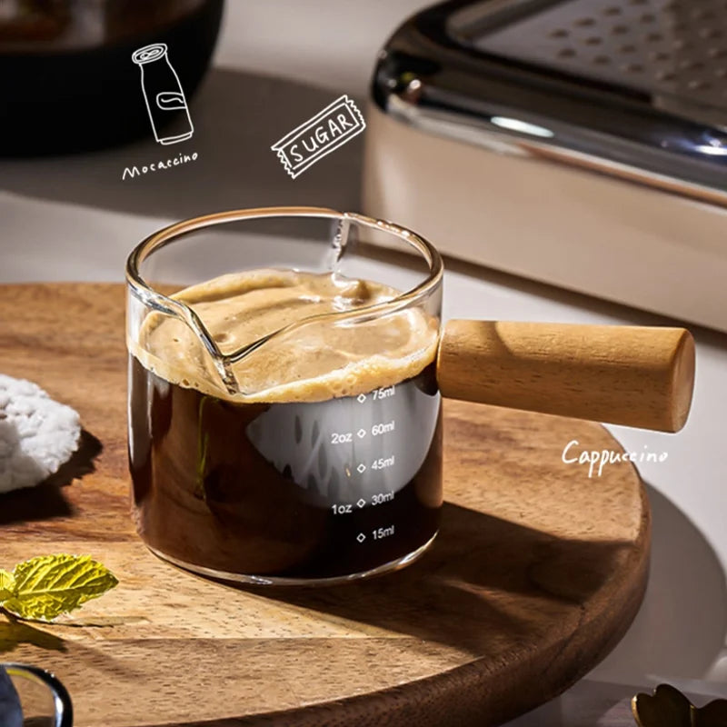 Wood Handle Glass Espresso Measuring Cup Single/Double Mouth Milk Jug Coffee Supplies Transparent Kitchen Measure Mug Leedoar