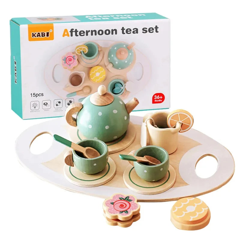 Juego de té de la tarde de madera, juguete de simulación, juego de rol de aprendizaje de comida, juguetes educativos tempranos para niños pequeños, niñas y niños, regalos para niños 