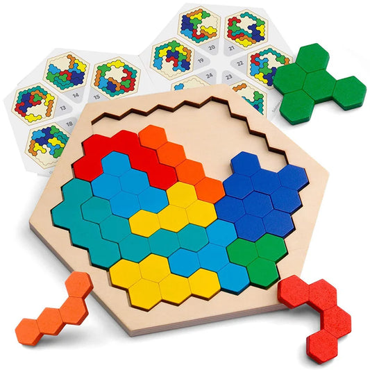 Quebra-cabeça de hexágono de madeira para crianças Bloco de padrão de forma Tangram Brinquedo de quebra-cabeça Geometria Lógica Jogo de QI Montessori Presente educacional 