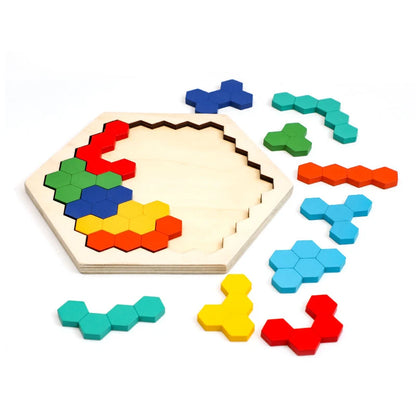 Rompecabezas hexagonal de madera para niños, bloques con patrones de formas, juguete de rompecabezas Tangram, juego de lógica geométrica, regalo educativo Montessori 