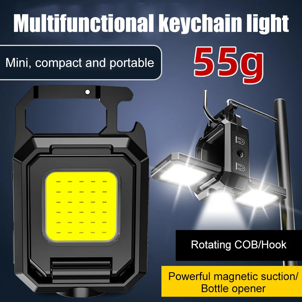 XPE Pocket Work Light 1000LM COB LED Mini Keychain Light USB Rechargeable Flashlight IPX4 Waterproof for Outdoor Camping Hiking