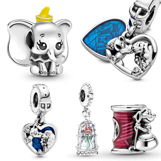 Dijes de Dumbo amarillos compatibles con pulseras Pandora originales, joyería fina para mujer, colgante de flor de perro y corazón, regalos de fiesta, venta al por mayor 