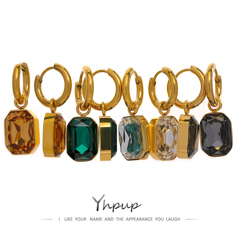 Yhpup Aço Inoxidável Zircônia Cúbica Drop Dangle Charms Brincos da moda 18k-banhado a ouro Verde Quadrado Geométrico Brinco Jóias 