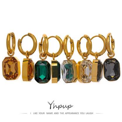 Yhpup Aço Inoxidável Zircônia Cúbica Drop Dangle Charms Brincos da moda 18k-banhado a ouro Verde Quadrado Geométrico Brinco Jóias 