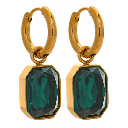 Yhpup Aço Inoxidável Zircônia Cúbica Drop Dangle Charms Brincos da moda 18k-banhado a ouro Verde Quadrado Geométrico Brinco Jóias 