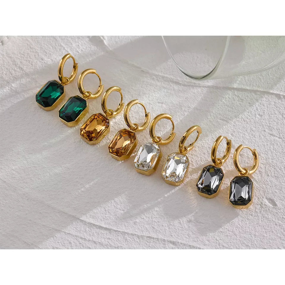 Yhpup Aço Inoxidável Zircônia Cúbica Drop Dangle Charms Brincos da moda 18k-banhado a ouro Verde Quadrado Geométrico Brinco Jóias 