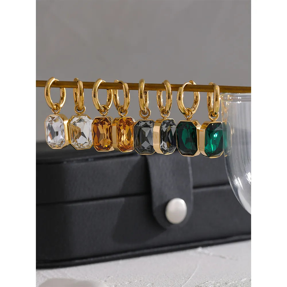 Yhpup Aço Inoxidável Zircônia Cúbica Drop Dangle Charms Brincos da moda 18k-banhado a ouro Verde Quadrado Geométrico Brinco Jóias 