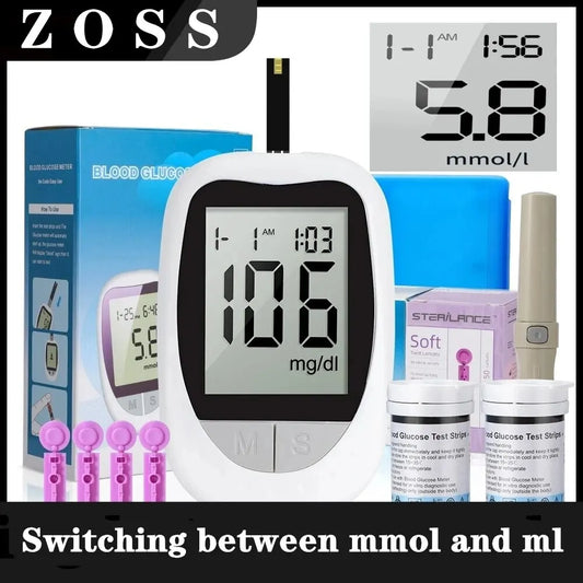 Medidor de glucosa en sangre ZOSS Kit de glucómetro Código de prueba de diabetes gratis ¡50/100 piezas Tiras con lancetas Azúcar en sangre médica Mg/mmol! 