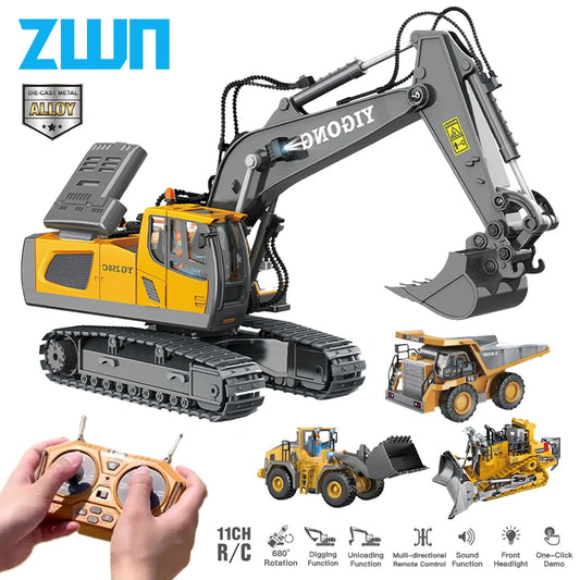 Camión volquete con excavadora a control remoto ZWN 2,4 G, modelo de coche de juguete RC, vehículo de construcción de simulación de plástico de aleación profesional para niños 