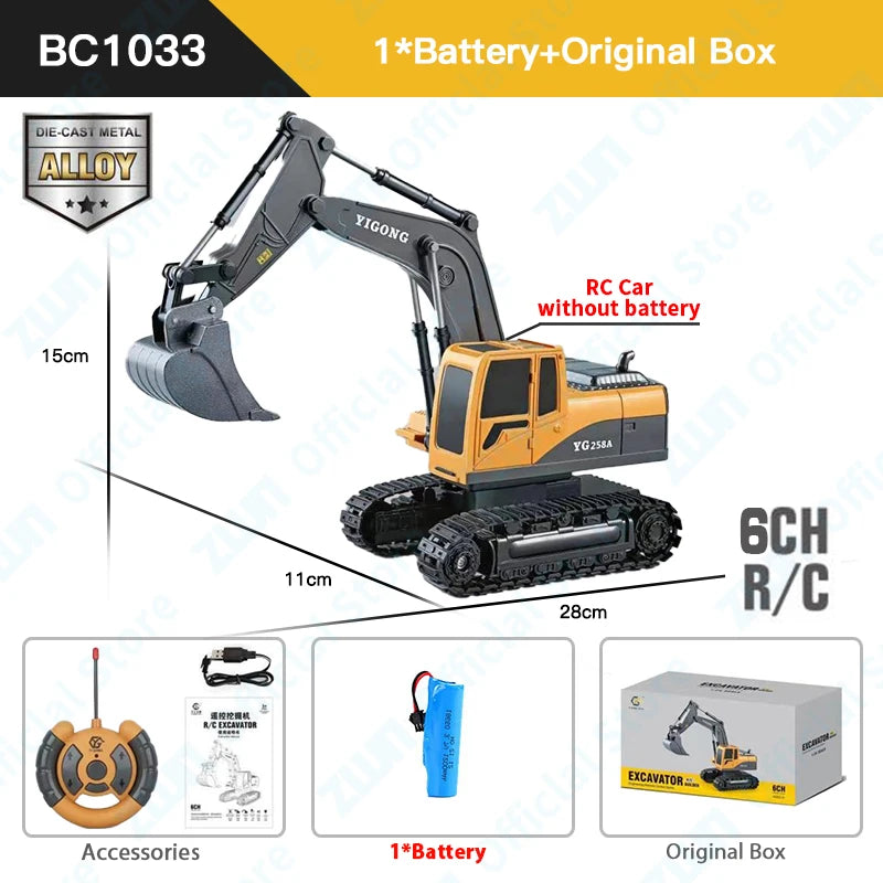 ZWN 2.4G Remote Control Excavator Dump Truck RC Model Car Toy Professional Alloy Plastic Simulation Construction Vehicle for Kid Leedoar