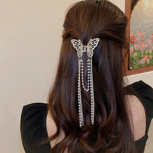 Grampo de cabelo de borboleta com borla longa acessórios de cabelo para mulheres elegantes imitação de pérolas strass tubarão grampos de cabelo joias 