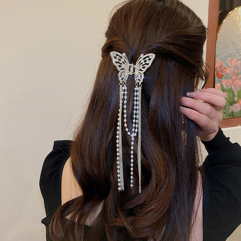 butterfly Hair Clip With Long Tassel Hair Accessories For Women Elegant Imitation Pearl Rhinestone Shark Hairpins Jewelry Leedoar