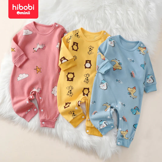 hibobi 100% Cotton Newborn Jumpsuit Comfortable Cute Animal Patterns Round Neck Baby Crawling Suit 0-18m Toddler Onesie Leedoar