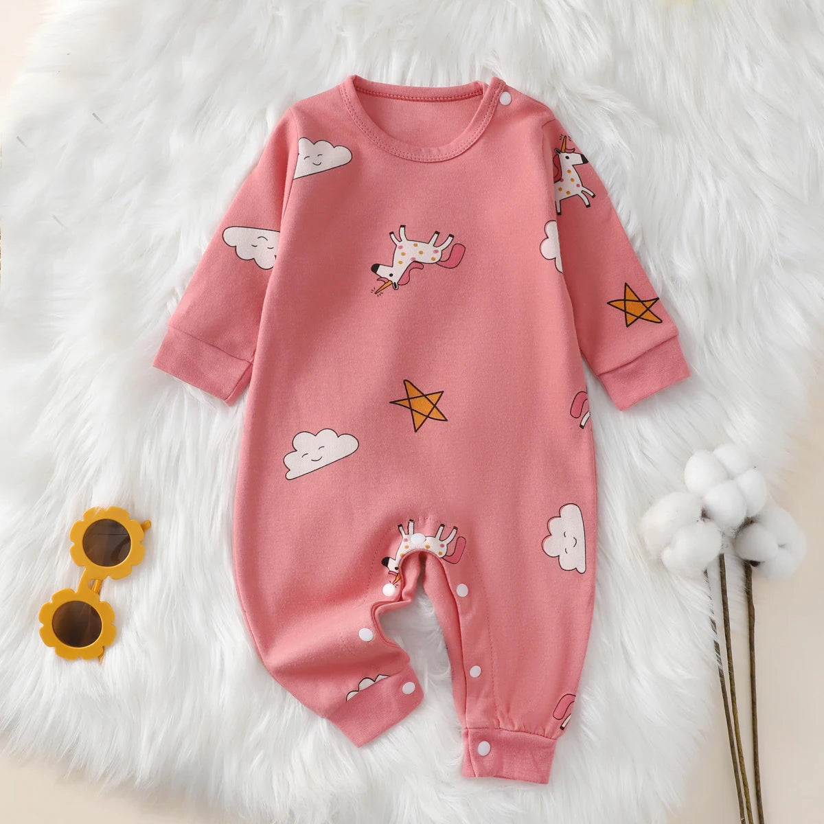 hibobi 100% Cotton Newborn Jumpsuit Comfortable Cute Animal Patterns Round Neck Baby Crawling Suit 0-18m Toddler Onesie Leedoar