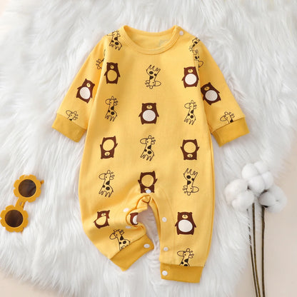 hibobi 100% Cotton Newborn Jumpsuit Comfortable Cute Animal Patterns Round Neck Baby Crawling Suit 0-18m Toddler Onesie Leedoar