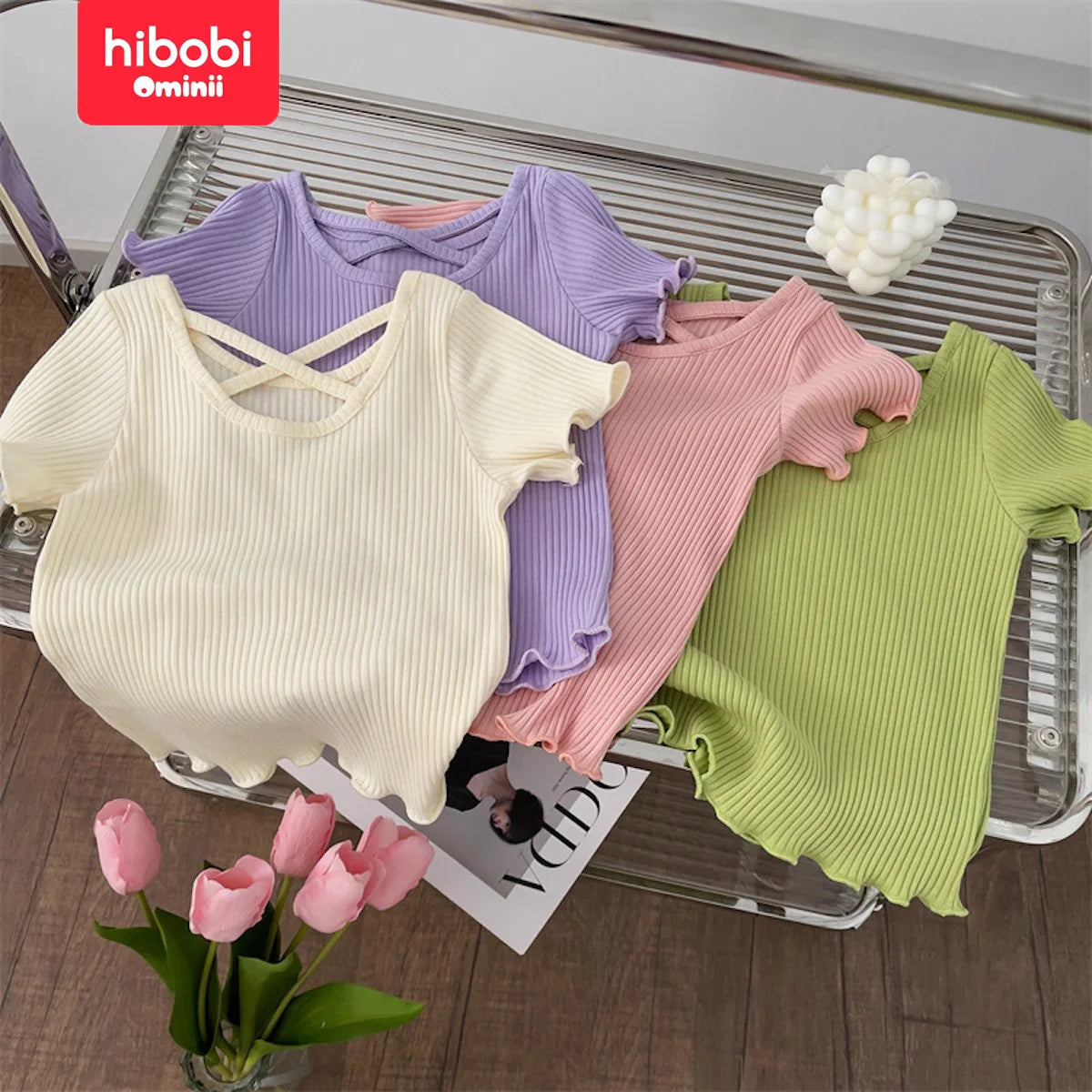 hibobi Girls Fashionable Back Cross Short Sleeve T-Shirt Summer New Korean Style Children's Solid Color Versatile Casual Top Leedoar