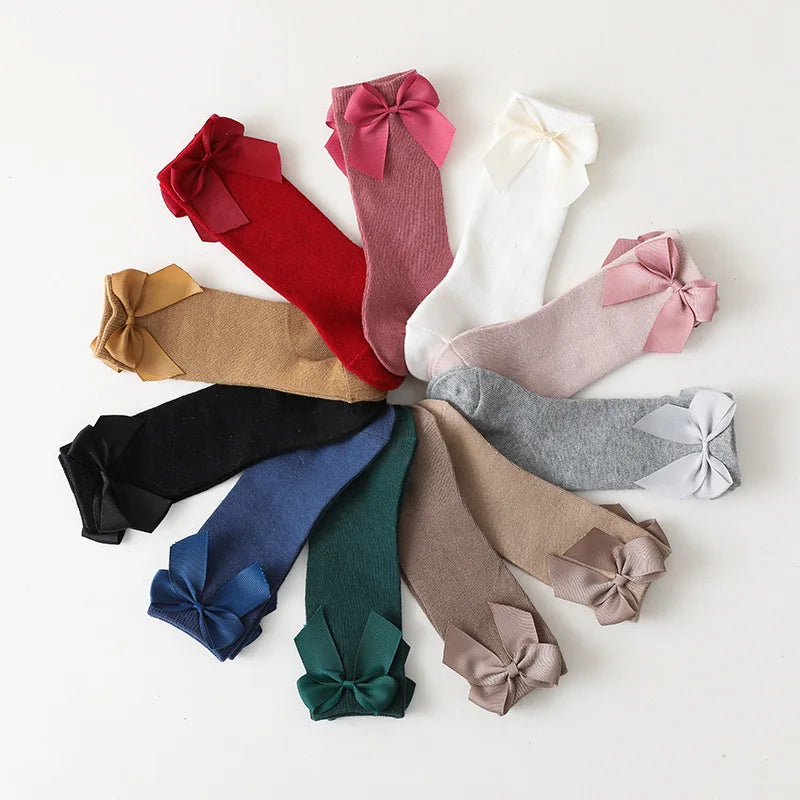 ins kidsren's Spanish mid-length socks spring & fall new big bow baby stockings pure color kidsren's socks Leedoar