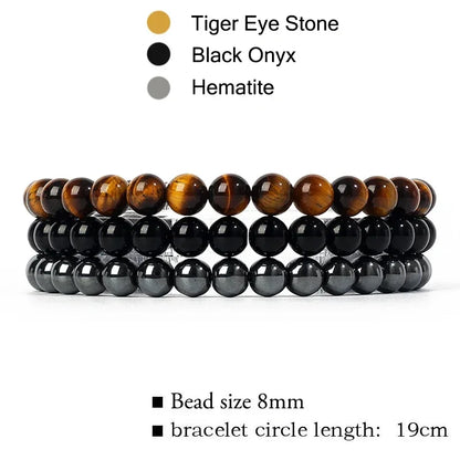 kirykle Natural Stone Bracelet Sets 3Pcs/set Obsidian Hematite Tiger Eye Beads Bracelets Men for Health Protection Soul Jewelry Leedoar