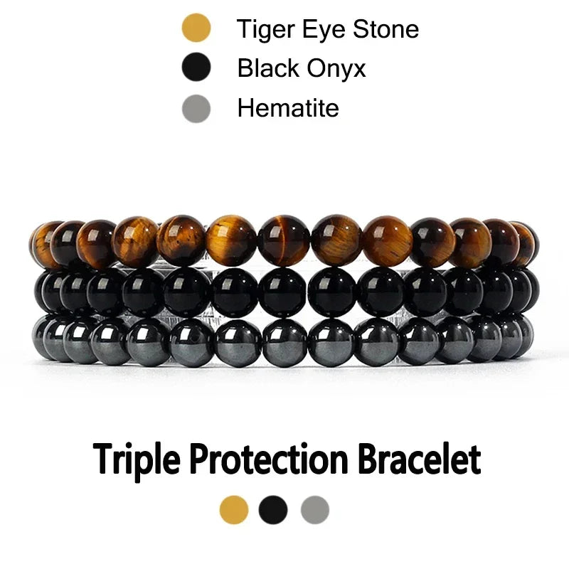 kirykle Natural Stone Bracelet Sets 3Pcs/set Obsidian Hematite Tiger Eye Beads Bracelets Men for Health Protection Soul Jewelry Leedoar