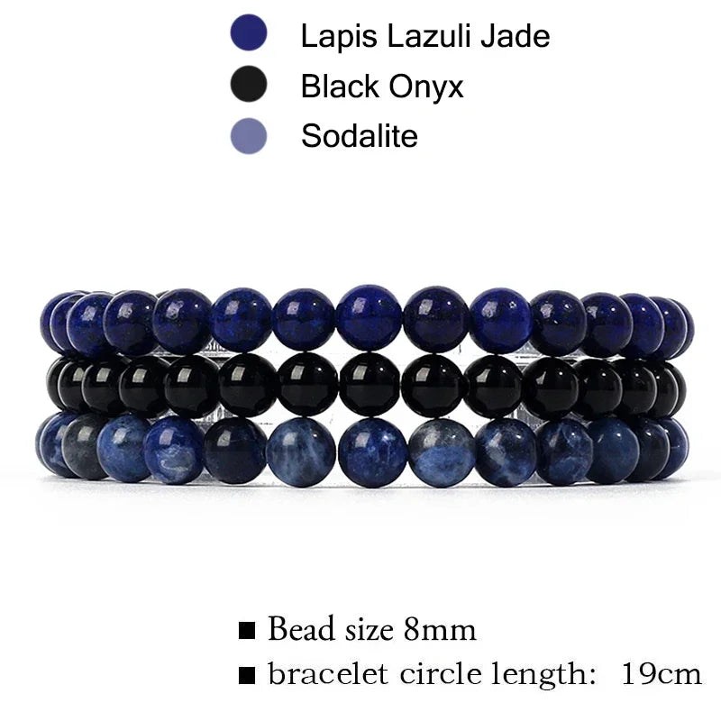 kirykle Natural Stone Bracelet Sets 3Pcs/set Obsidian Hematite Tiger Eye Beads Bracelets Men for Health Protection Soul Jewelry Leedoar