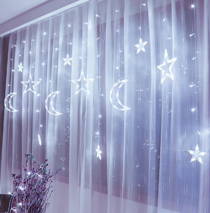 Curtain Lights, Christmas Moon Star Window Fairy String Lights for Indoor Window, Kid Bedroom, Patio, Front Porch, Camping, Gues